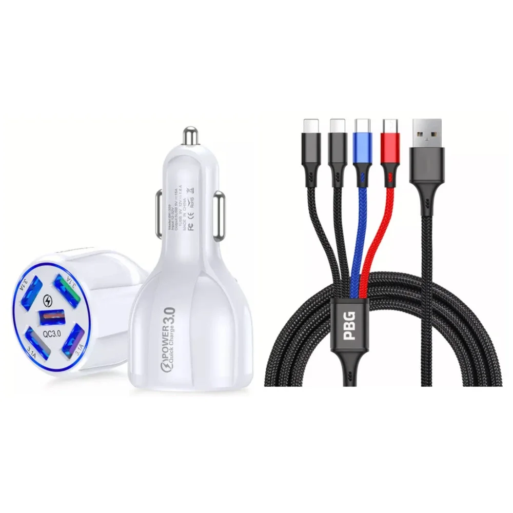 PBG 5 Port LED Car Charger and 4 in 1 Nylon 4 FT Charging Cable Bundle - Picture 1 of 10